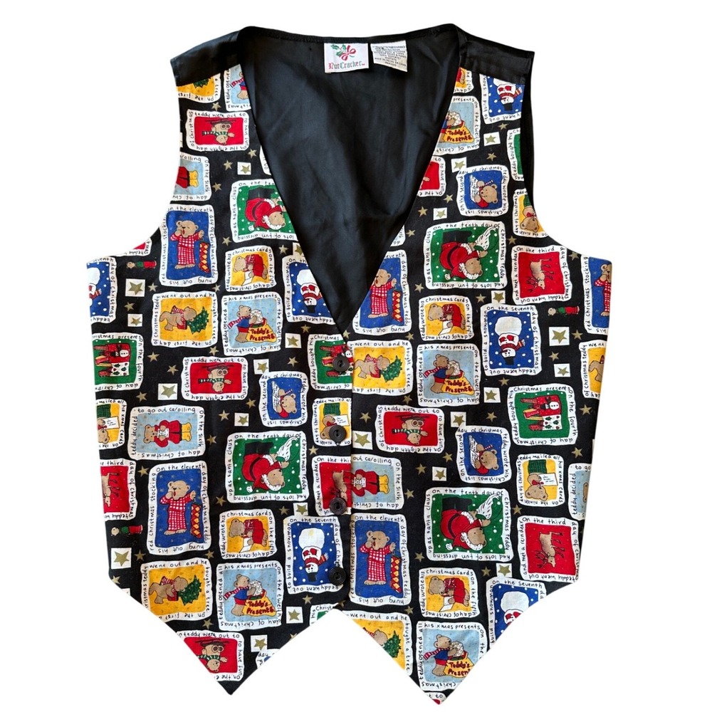 Nutcracker Womens Christmas Teddy Bear Storybook Vest Black Size Medium Cotton